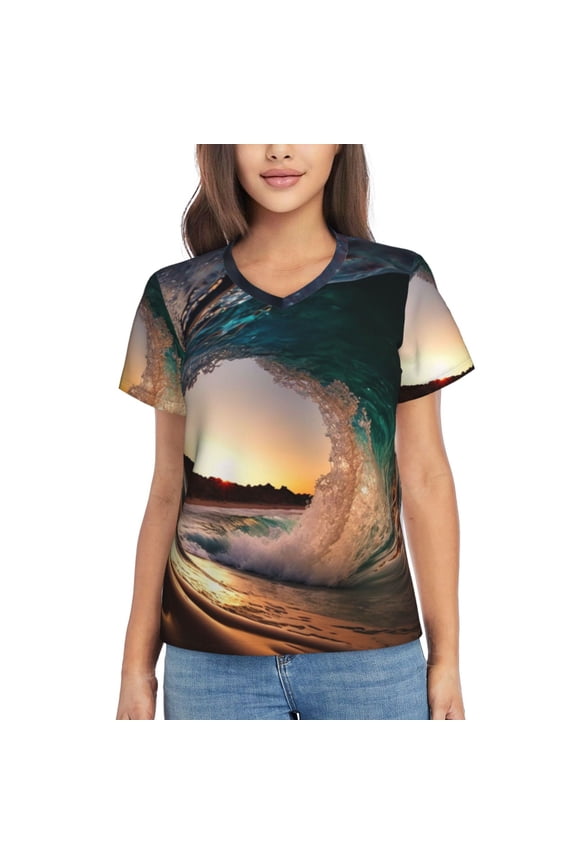Womens Short Sleeve T Shirts Casual V Neck Tops Tee, Wave Inside Hollow Morning Surf