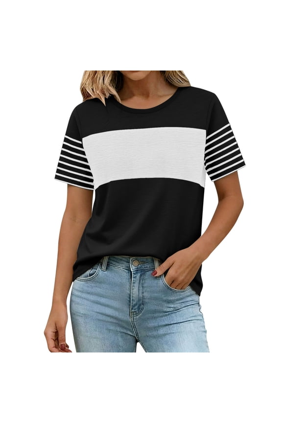 Womens Short Sleeve T Shirts Color Block Crewneck Casual Summer High Low Hem Side Split Blouse, Trendy Basic Daily Work Vacation Going Out Tops 2026 Fashion Clothes