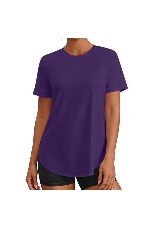 Womens Short Sleeve T Shirts Loose Fit Curved Hem Top, Athletic Summer Running Yoga Workout Activewear Tunic Tees Quick Dry Stretchy Solid Color Jersey Knit Clothes