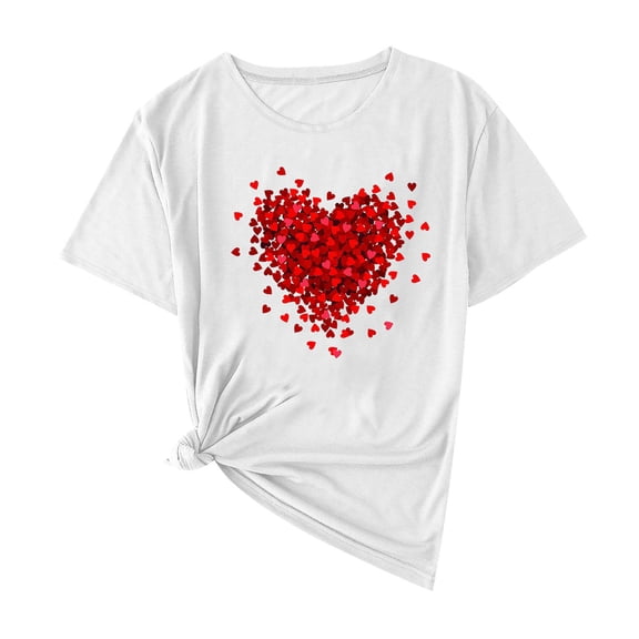 Womens Short Sleeve T-Shirts, Love Heart Printed Valentines Day Outfits Ladies Casual Crew Neck Summer Tee Tops (M, White #D)