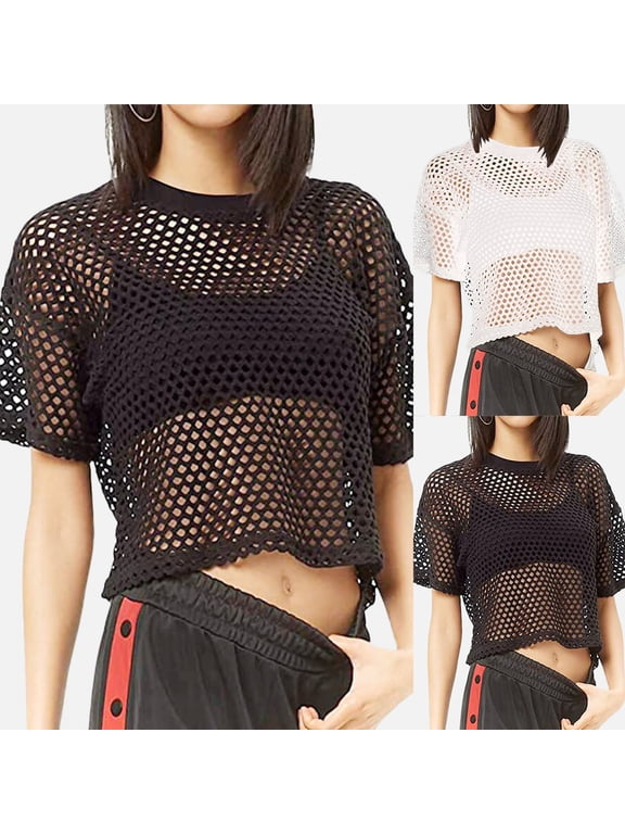 Womens Short Sleeve T Shirts Mesh Cover Up See Through Fishnet T Shirt Crop Top Trendy Blouse M