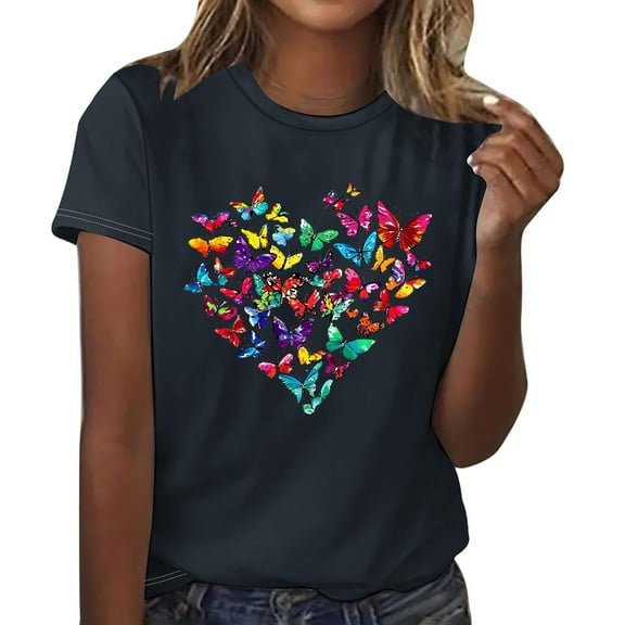 Womens Short Sleeve T-Shirts Polyester Casual Sunflower Butterflies Printed Graphic Base Tee Shirt Summer Tops (2XL, Black 01)