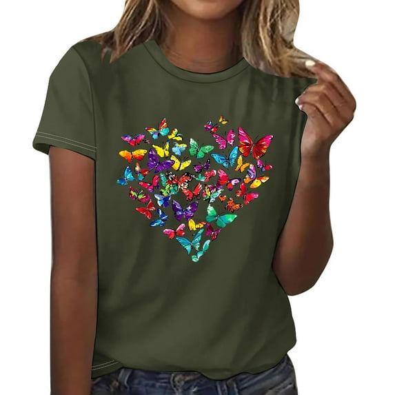 Womens Short Sleeve T-Shirts Polyester Casual Sunflower Butterflies Printed Graphic Base Tee Shirt Summer Tops (L, Army Green 01)