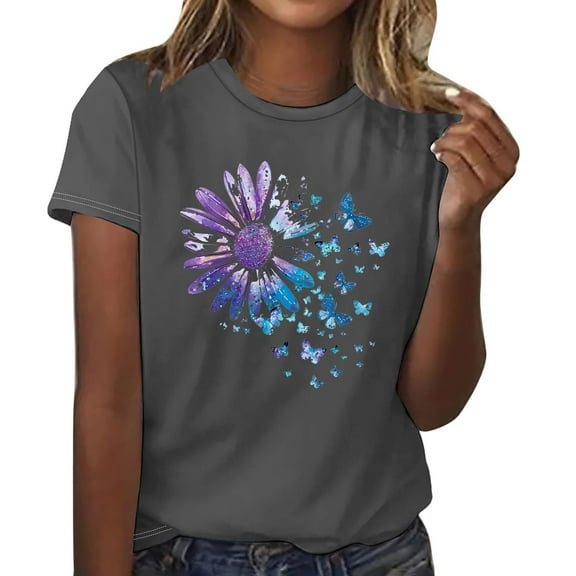 Womens Short Sleeve T-Shirts Polyester Casual Sunflower Butterflies Printed Graphic Base Tee Shirt Summer Tops (L, Gray)