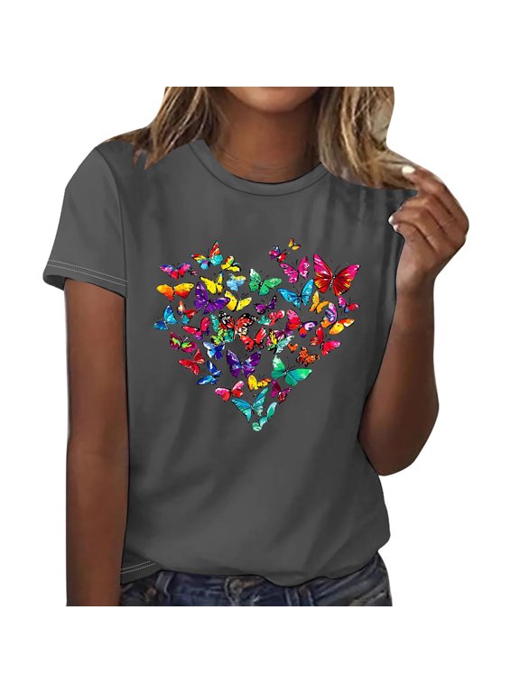 Womens Short Sleeve T-Shirts Polyester Casual Sunflower Butterflies Printed Graphic Base Tee Shirt Summer Tops (M, Gray 01)