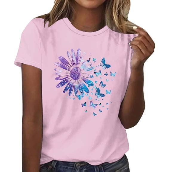 Womens Short Sleeve T-Shirts Polyester Casual Sunflower Butterflies Printed Graphic Base Tee Shirt Summer Tops (M, Pink)