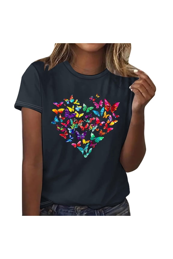 Womens Short Sleeve T-Shirts Polyester Casual Sunflower Butterflies Printed Graphic Base Tee Shirt Summer Tops (S, Black 01)