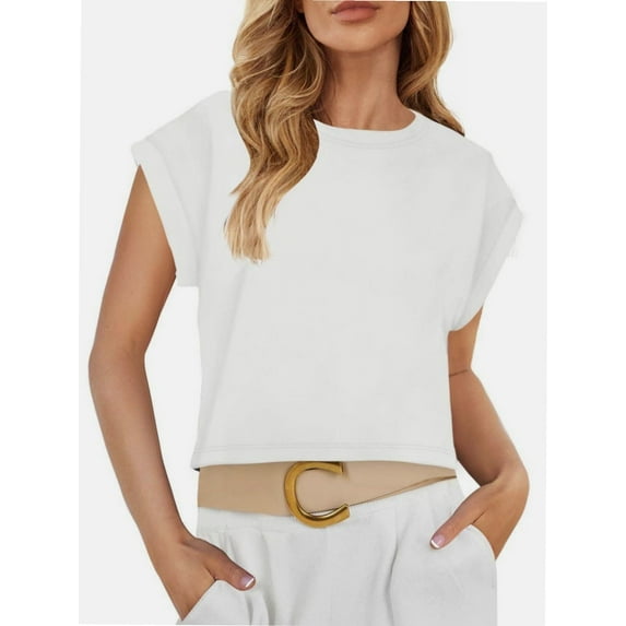 Womens Short Sleeve T-Shirts Round Neck Rolled Dolman Sleeve Tops Solid Casual Cropped Tees