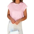 thumbnail image 1 of Womens Short Sleeve T-Shirts Round Neck Rolled Dolman Sleeve Tops Solid Casual Cropped Tees, 1 of 6