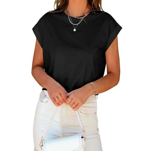 Womens Short Sleeve T-Shirts Round Neck Rolled Dolman Sleeve Tops Solid Casual Cropped Tees