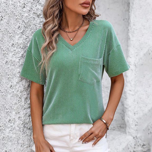 Womens Short Sleeve T Shirts Solid V Neck Knitted Casual Loose Pullover Tunic Tops With Pocket Shirts And Blouses Womens Button up Blouses Women Shirts Fall Womens Tops Raglan Sleeves Tunic Shirts for