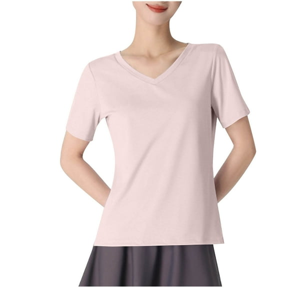 Womens Short Sleeve T-Shirts Strecth Comfy Spandex Workout Yoga Casual Base Tees V Neck Solid Color Tops (S, Pink)