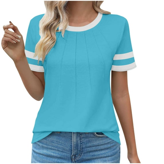 Womens Short Sleeve T-Shirts Summer Tops Casual Color Block Tunic Pleated Crewneck Workout Clothes Fashion Outfits