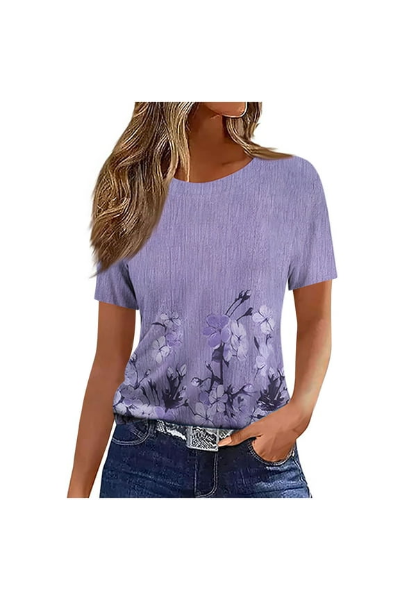 Womens Short Sleeve T Shirts Summer Tops Loose Casual Tee Shirt Purple XXL