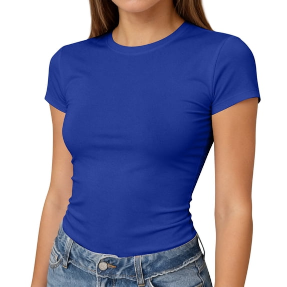 Womens Short Sleeve T Shirts - Summer Tops Slim Fit Y2k Basic Workout Tee Blue S