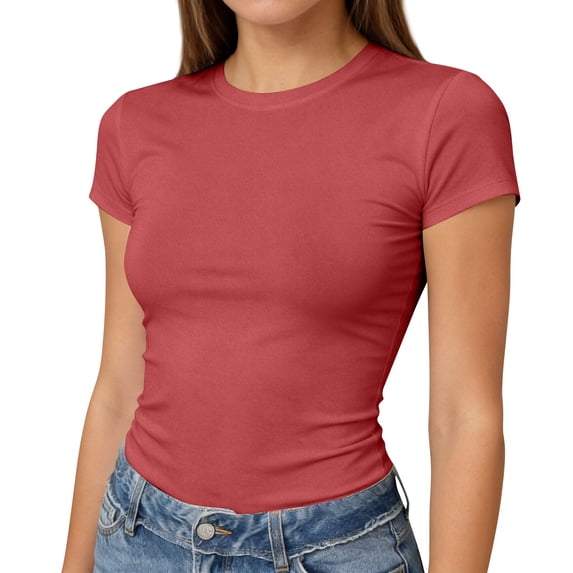 Womens Short Sleeve T Shirts - Summer Tops Slim Fit Y2k Basic Workout Tee Watermelon Red S