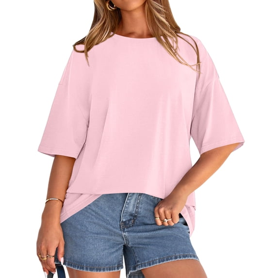 Womens Short Sleeve T Shirts Summer Trendy Tops Casual Solid Crew Neck Loose Fit Basic Tees Light pink XL