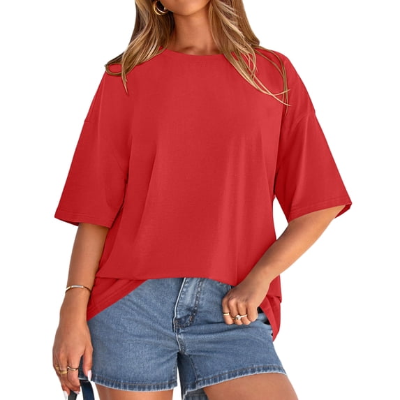 Womens Short Sleeve T Shirts Summer Trendy Tops Casual Solid Crew Neck Loose Fit Basic Tees Red 2XL