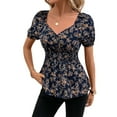 thumbnail image 1 of Womens Short Sleeve T Shirts V Neck Casual Collared Tops Puff Sleeve Work Tunic Blouses Blue S, 1 of 8