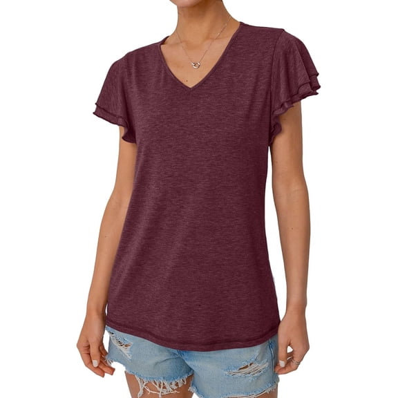 Womens Short Sleeve T-Shirts V Neck Tops Summer Fashion Casual Basic Ruffle Blouse Claret M