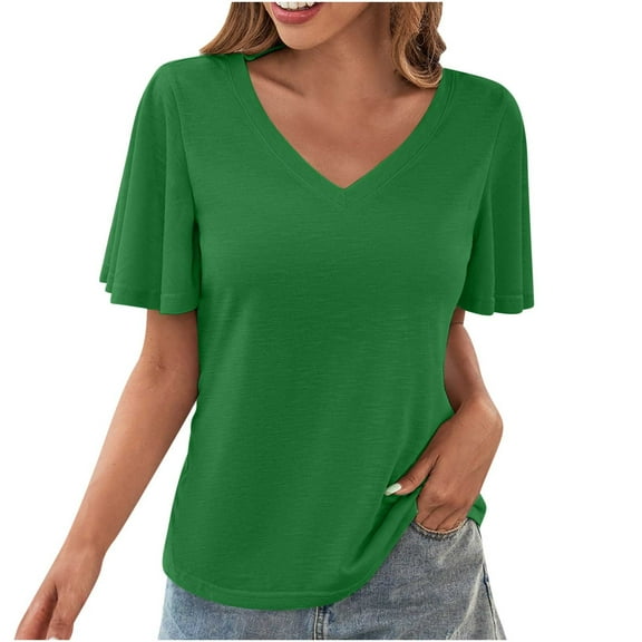 Womens Short Sleeve T-Shirts V Neck Tops Summer Fashion Dressy Casual Basic Ruffle Blouse Soft 2025 Spring Clothes