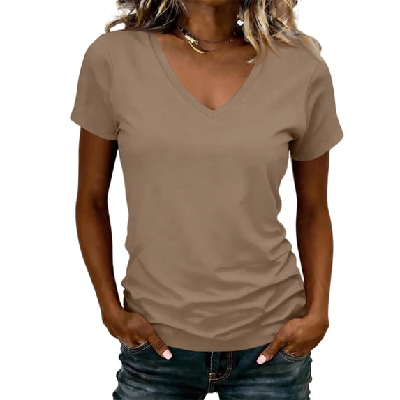 Womens Short Sleeve T Shirts V Neck Tops Summer Trendy Comfy Casual Basic Tee Shirt Khaki L