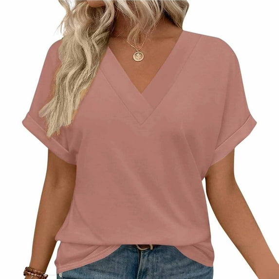 Womens Short Sleeve T shirts Loose Casual Summer V Neck Tops Solid Color Blouse Pink L