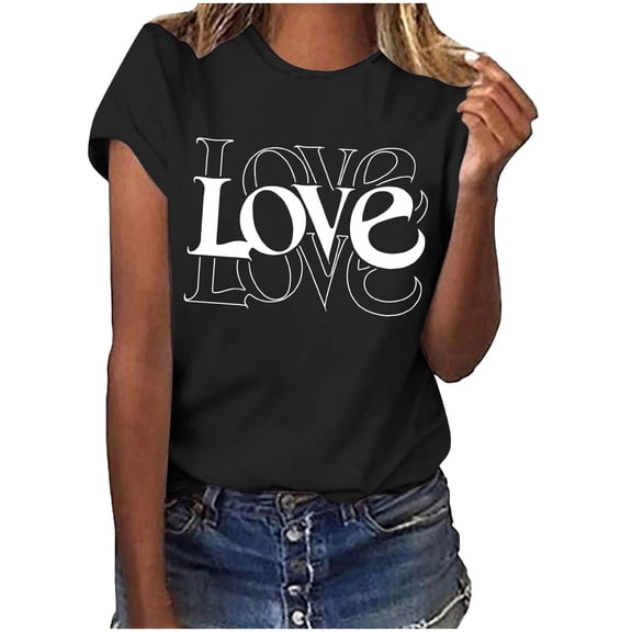 Womens Short Sleeve T-shirts Love Heart Print Round Neck Plus Size Tees Valentines Tops Summer Casual Tshirts (2XL, Black|Love)