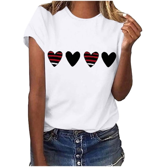 Womens Short Sleeve T-shirts Love Heart Print Round Neck Plus Size Tees Valentines Tops Summer Casual Tshirts (2XL, White 07)