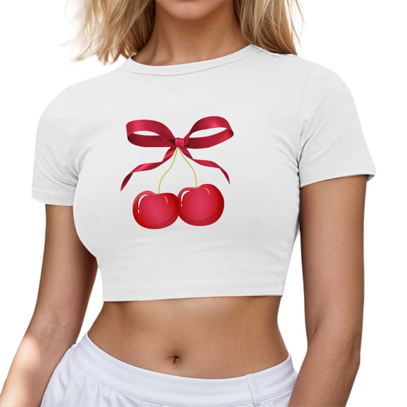 Womens Short Sleeve Tees Cherry Print Spring Summer T Shirts Crew Neck Fashion Casual Tops 2026