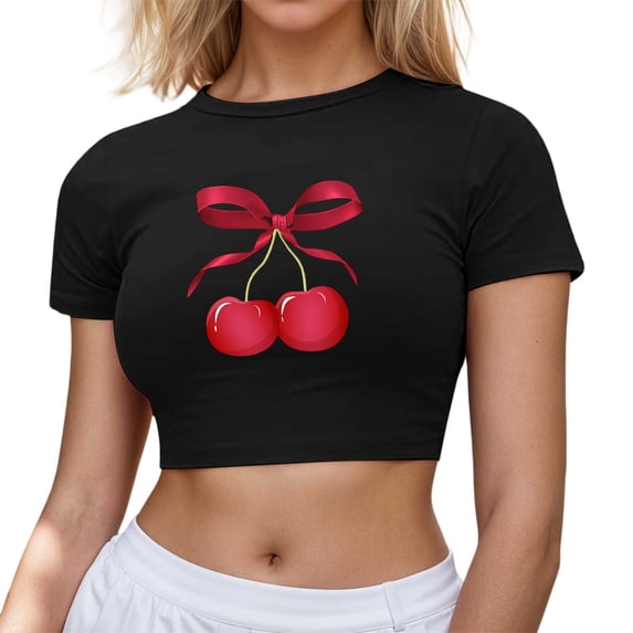Womens Short Sleeve Tees Cherry Print Spring Summer T Shirts Crew Neck Fashion Casual Tops 2026