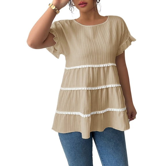 Womens Short Sleeve Tiered Tassels Trim Summer Babydoll Blouse Casual Ruffle Sleeve Loose Fit Tee Color S