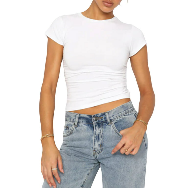 O neck Short sleeve T-shirt Woman Solid Color Slim Crop Top t