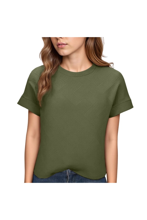 Womens Short Sleeve Top Army Green Textured Relaxed Fit Crew Neck Shirt, Wrinkle Resistant Polyester Spandex Blouse for Everyday Comfort,Size S