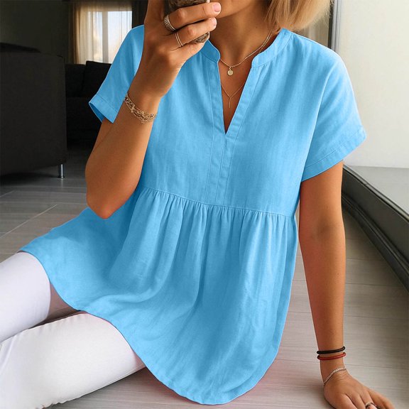 Womens Short Sleeve Top Cute Tops for Women Women's And Linen Solid Color Shourt Sleeve V-neck Pullover Tops Blouse Shirt Light Blue M