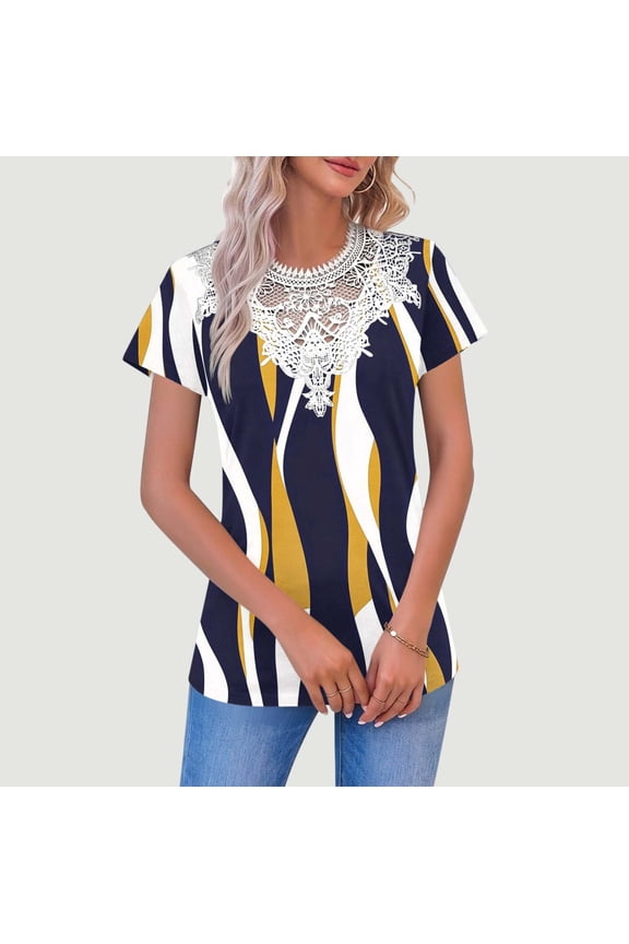 Womens Short Sleeve Top Lace Neckline Geometric Striped Blouse Relaxed Fit V-Neck Casual Shirt,Size 2XL