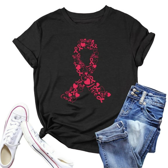 Womens Short Sleeve Top Pink Ribbon Printed Relax Fit Cancer T Shirt Crew Neck Casual Fashion Blouses Trendy 2025