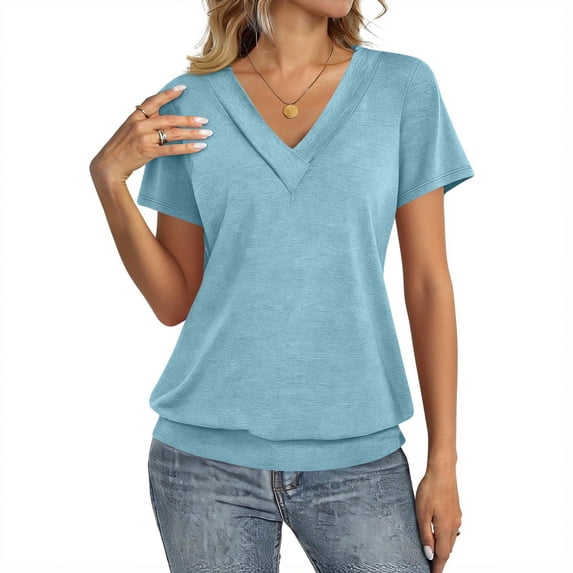 Womens Short Sleeve Tops Banded Bottom V Neck Summer T Shirt Casual Basic Tees Sky Blue S