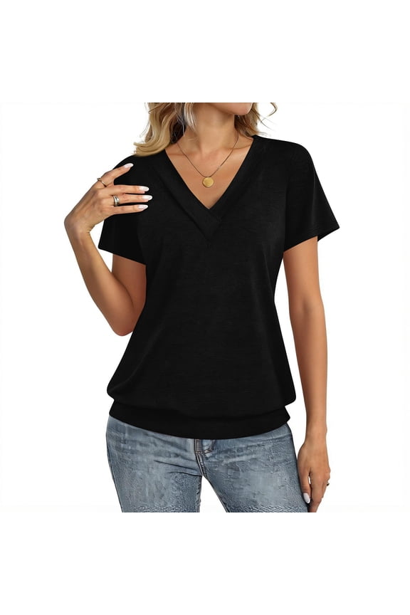 Womens Short Sleeve Tops Banded Bottom V Neck Summer T Shirt Casual Solid Color Basic Tees Black S