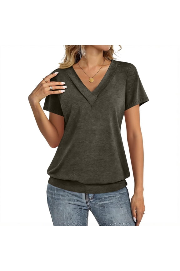 Womens Short Sleeve Tops Banded Bottom V Neck Summer T Shirt Casual Solid Color Basic Tees Dark Gray M