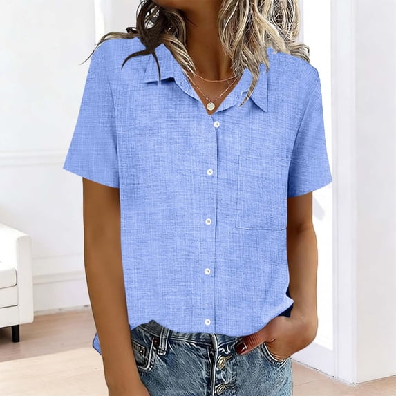 Womens Short Sleeve Tops Blouse Button Down Collar Solid Color Pocket Casual Shirt Plus Size Shirts For Women Cute Tops For Women