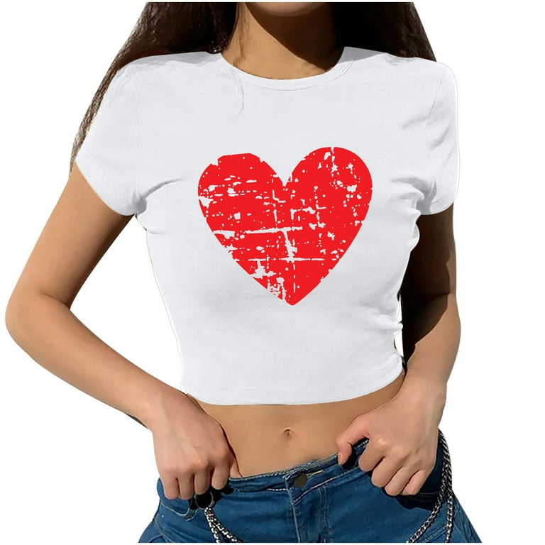 Womens Short Sleeve Tops Breathable Trendy Heart Print Crop Womens Short Sleeve Tops Breathable Trendy Heart Print Crop