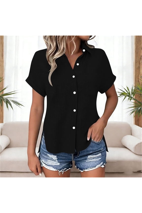 Womens Short Sleeve Tops Button Down Lapel Shirts for Women Side Split Solid Color Summer Tees with Pocket Gifts for Mom