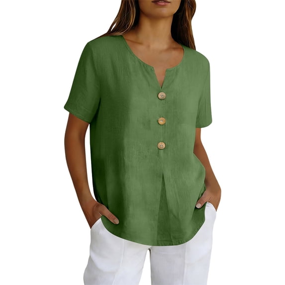 Womens Short Sleeve Tops Button Down Shirt Soft Solid Color Summer Daily Wear Army Green L
