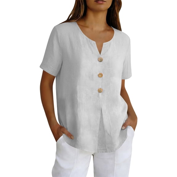 Womens Short Sleeve Tops Button Down Shirt Soft Solid Color Summer Daily Wear Grey L