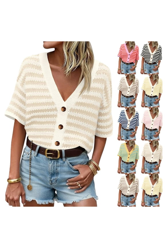 Womens Short Sleeve Tops Cardigan Striped Sweaters V Neck Button Down Half Sleeve Open Front Ribbed Knit Outerwear Beige S