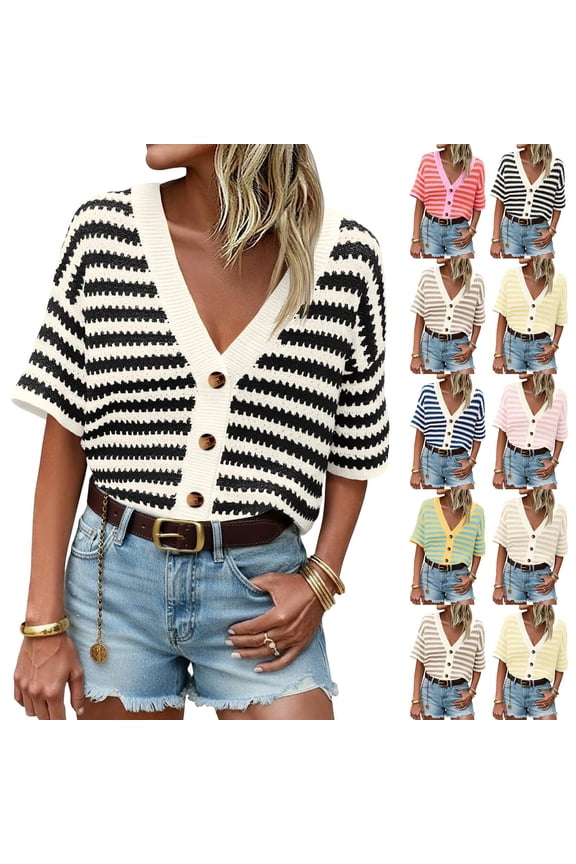 Womens Short Sleeve Tops Cardigan Striped Sweaters V Neck Button Down Half Sleeve Open Front Ribbed Knit Outerwear Black L