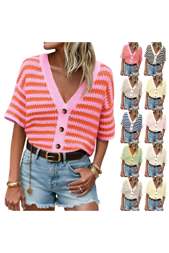 Womens Short Sleeve Tops Cardigan Striped Sweaters V Neck Button Down Half Sleeve Open Front Ribbed Knit Outerwear Orange S