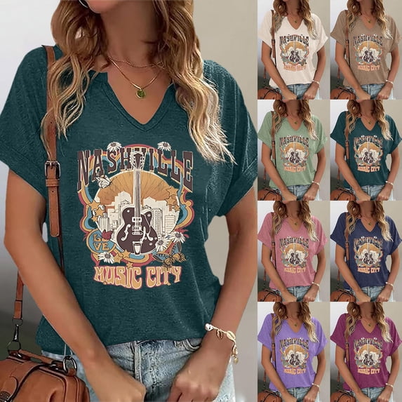 Womens Short Sleeve Tops Casual Printed Crew Neck T Shirt Summer Tops L