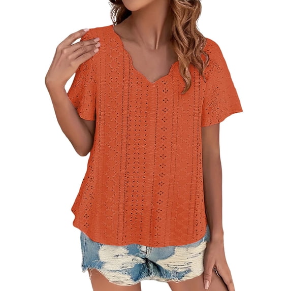 Womens Short Sleeve Tops Casual Solid Color Scallops V Neck Women's Tops Comfortable Breathable Short Sleeved V Neck Women's T Shirt Tops for Women